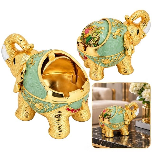 Sunup SN-38890 Fil Figürlü Dekoratif Küllük SU Yeşili İşlemeli Sürgülü