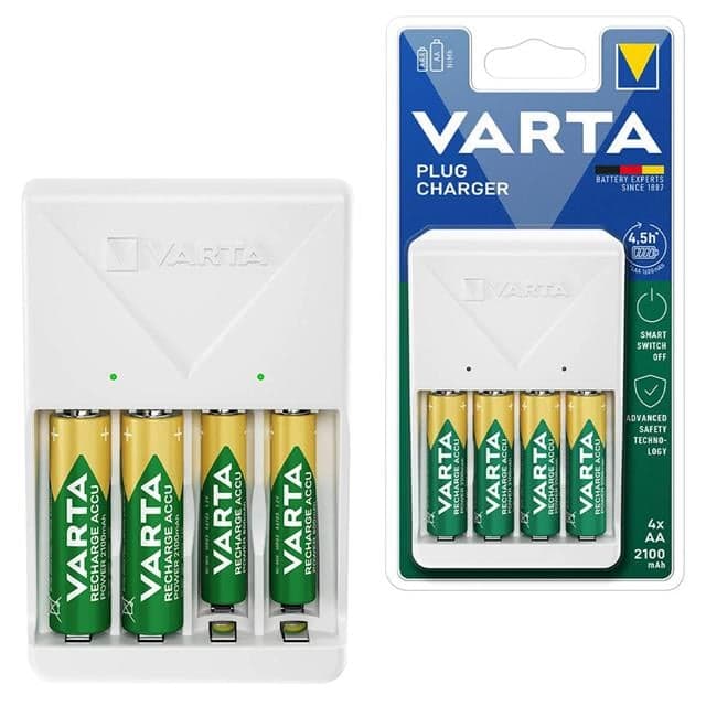 Varta Plug AA/AAA Kalem Pil Şarj Cihazı Aleti - 4 Adet 2100mAh AA HR6 NI-MH Şarj Edilebilir Pil Hediyeli